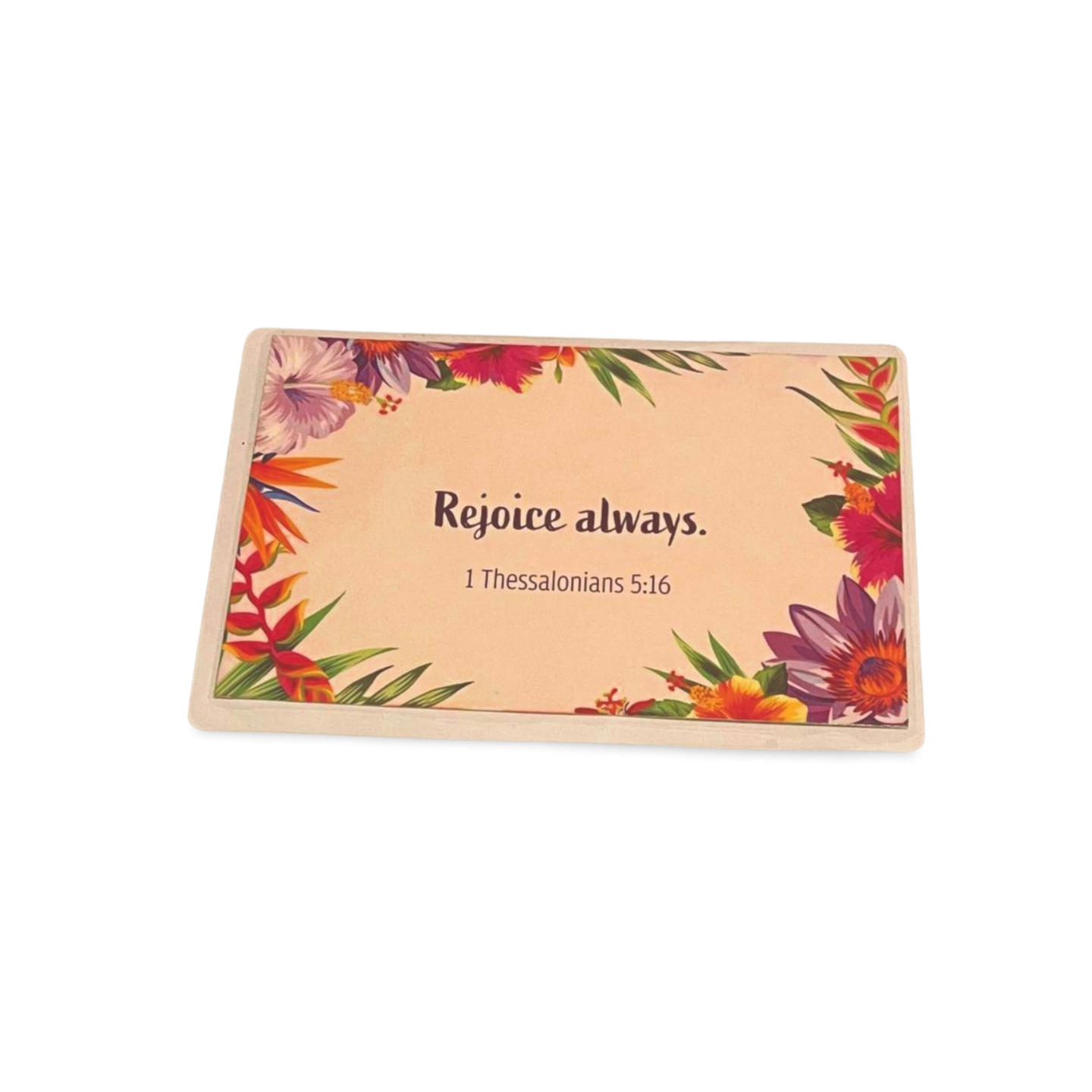 Prayer Card featuring design with "Rejoice always" text, vibrant floral border.