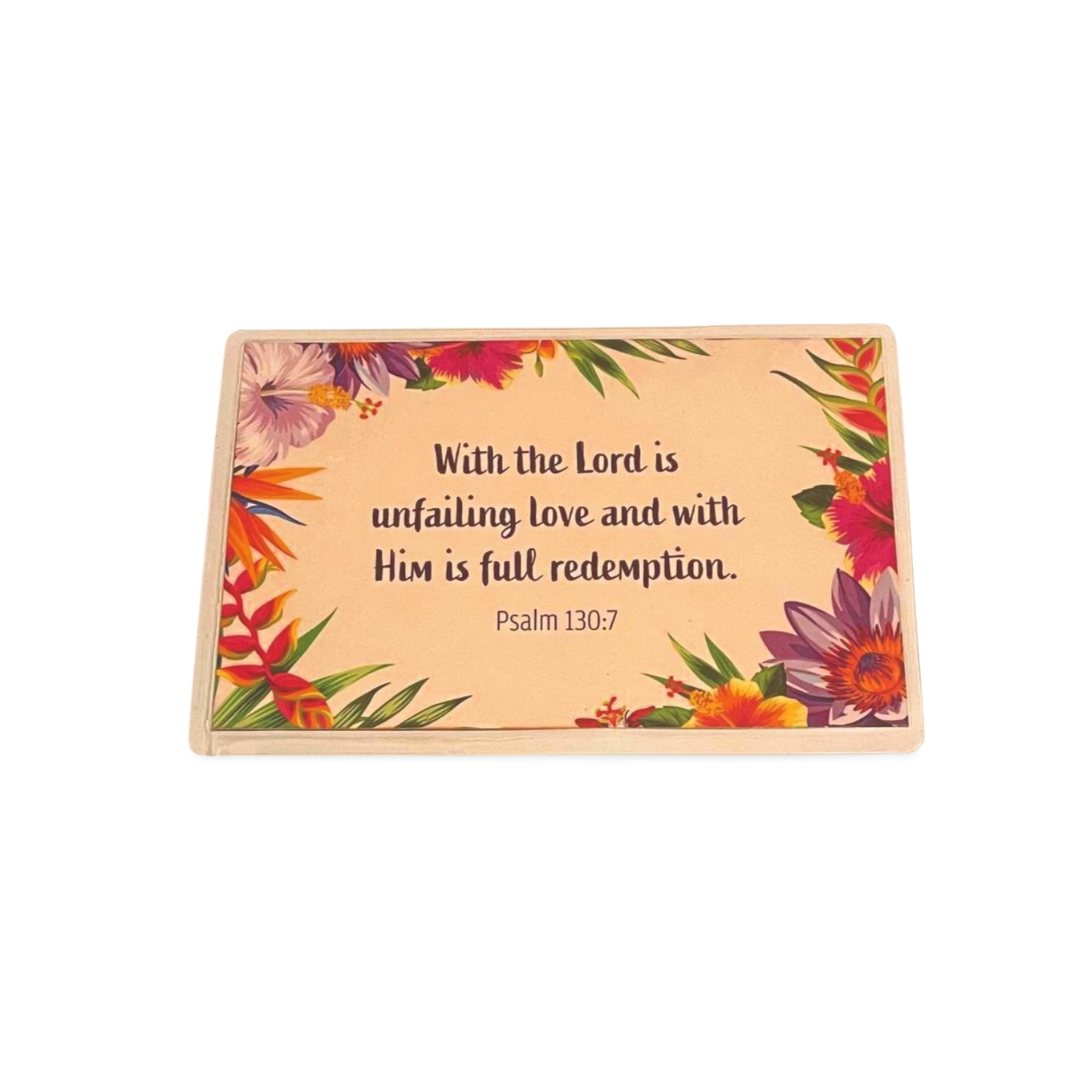 Prayer card with floral design and Psalm 130:7 verse.