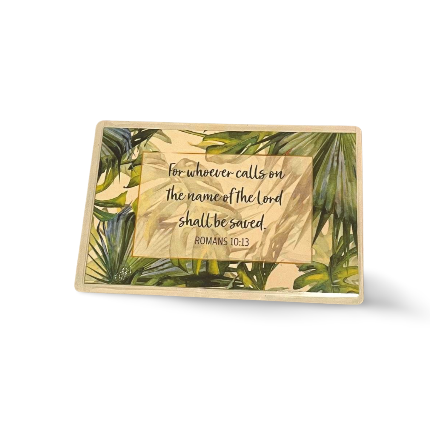 Prayer bible verse bible card with inspirational Romans 10:13 quote and leafy design.